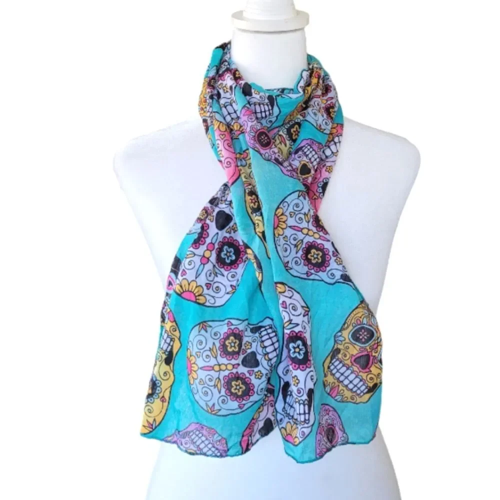 Sugar Skull Lightweight Halloween Scarf Teal Blue